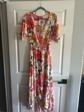 NWT Abel the Label Floral White Maxi Dress with Pink & Yellow Blooms